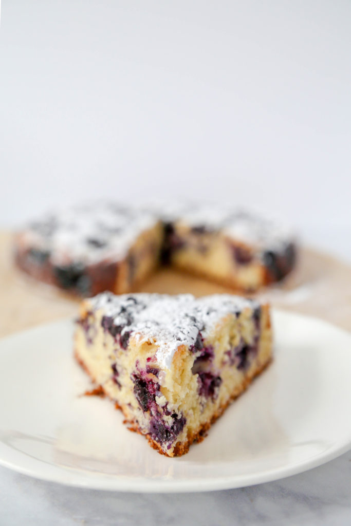 A slice of blueberry lemon cake sitting on a white plate