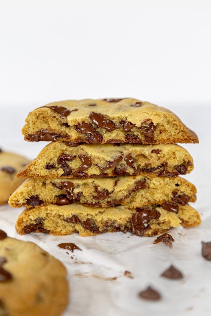 4 chocolate chip cookie halves to show cross-section.