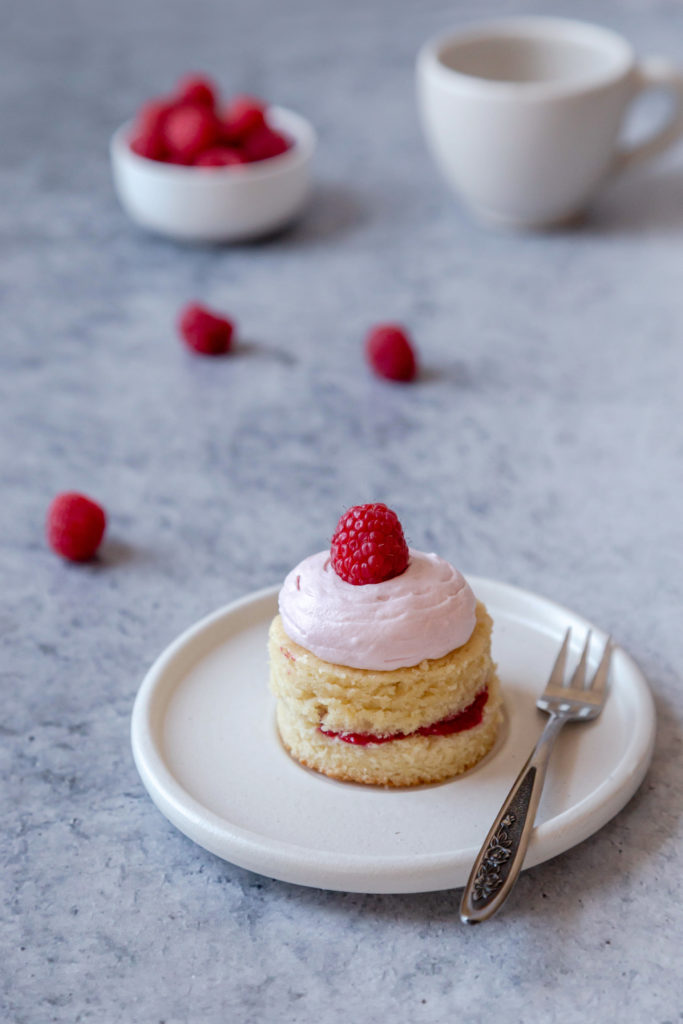 A mini raspberry cake sitting on a white plate with a fork. 3 raspberries are scattered above the plate.